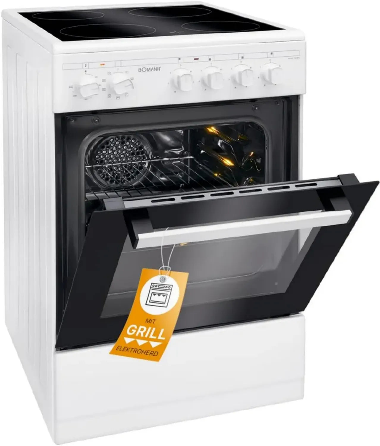 Bomann Freistehender Elektroherd 50 cm mit 4 Kochzonen und 43L Ofen - Ober-/Unterhitze 40-240°C, inkl. Backblech & Grillrost