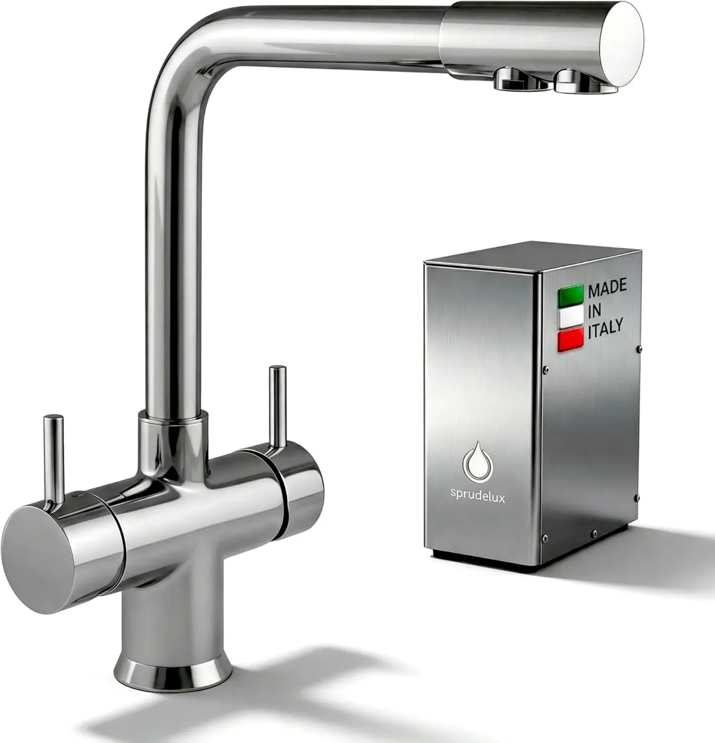 SPRUDELUX INOX Trinkwassersystem für Untertisch mit 5-Wege-Armatur, Chrom NOBIUS, still, gekühlt & sprudelnd, inkl. 2 kg CO₂-Flasche, Hergestellt in Italien