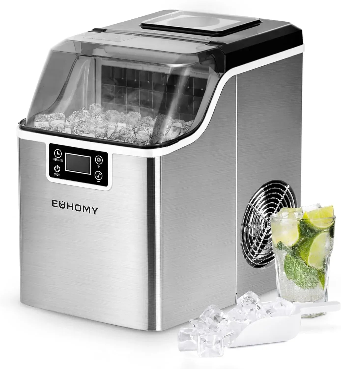 EUHOMY Edelstahl-Eiswürfelbereiter, 24 Würfel in 13 Minuten, 24 kg pro Tag, Selbstreinigungsfunktion, 3,2L Kapazität, inklusive Eisschaufel und Korb, ideal für Haushalt, Küche, Büro, Bar und Wohnmobil
