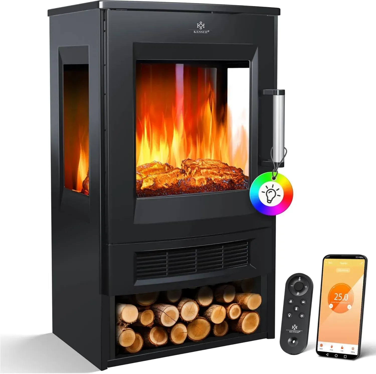 KESSER® Elektrischer Kamin mit Panorama-Fenster, Heizlüfter und LED-Flammeneffekt, WiFi-App, 900/1800W