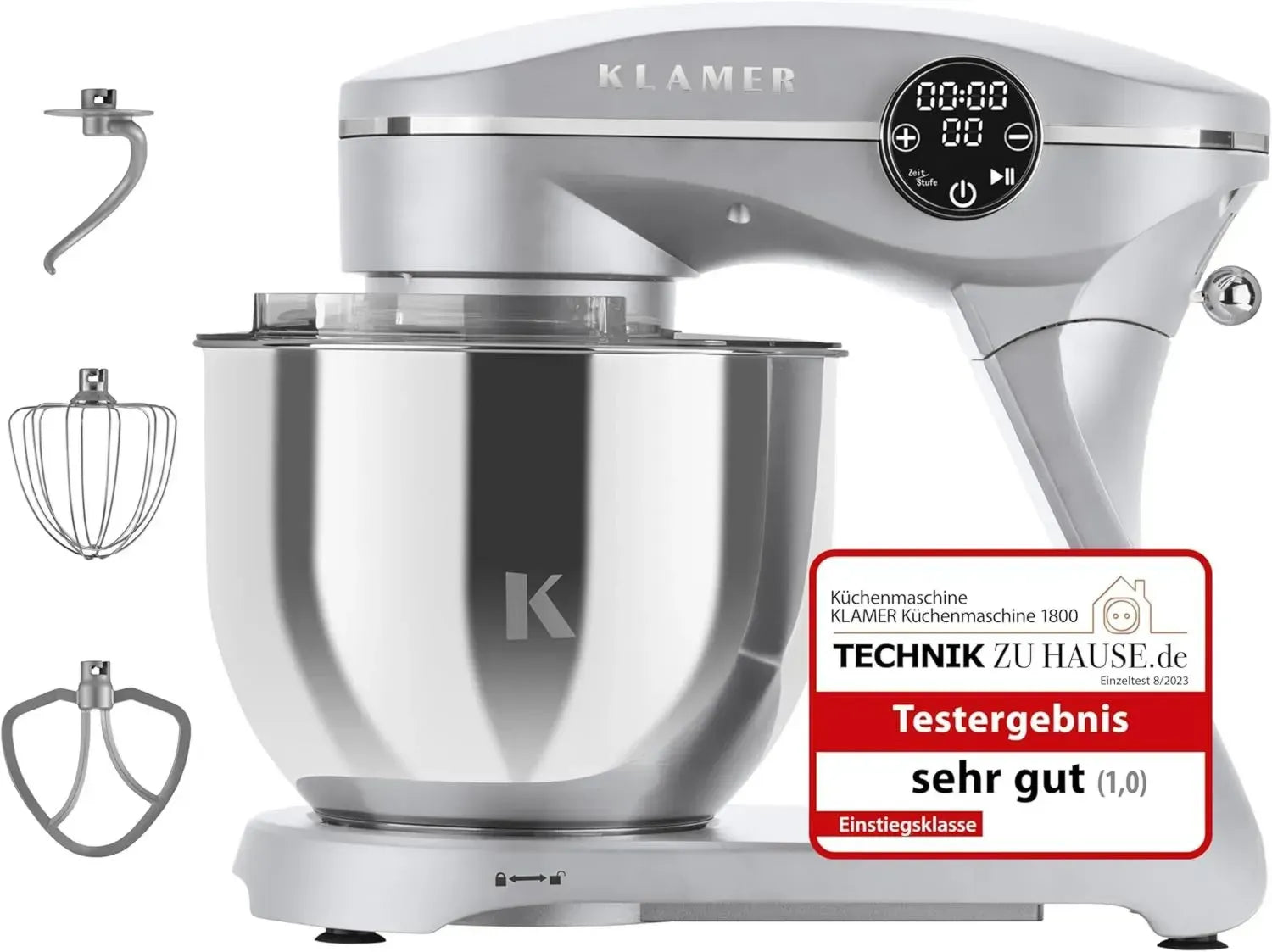 Küchenmaschine 1800W mit 6L Edelstahlschüssel, 10 Geschwindigkeiten und Planetenrührwerk, inkl. Timer, Rührbesen, Knethaken und Sichtdeckel, Silber