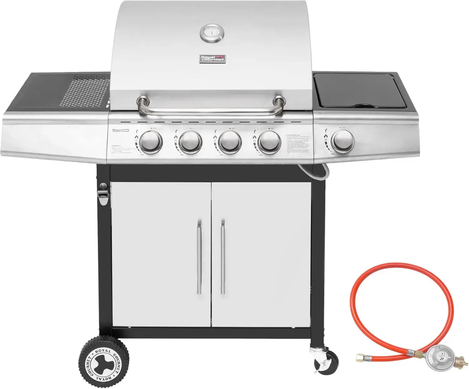 Royal Gourmet Gasgrillwagen mit 5 Brennern, automatischer Zündung, Thermometer und Stauraum, 14,5 kW Leistung, Edelstahl, ideal für Camping und Outdoor BBQ, Silber