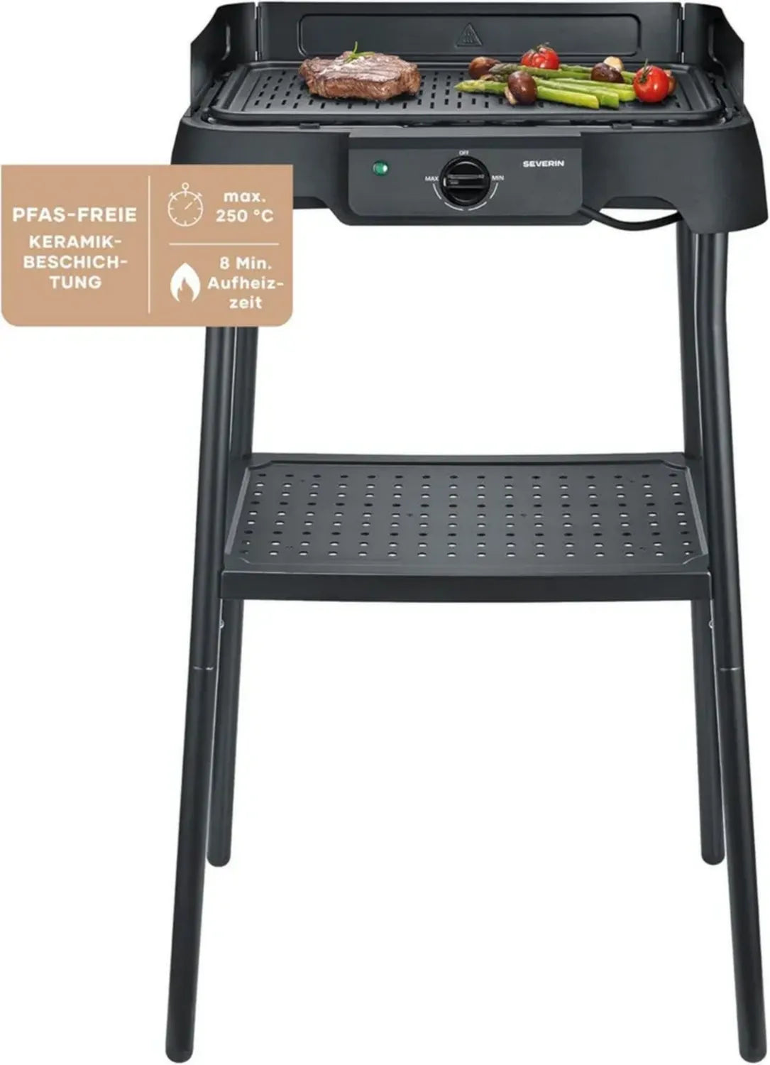 Severin Elektrogrill für Innen- und Außenbereich, Balkongrill mit schneller Aufheizung, Temperaturbereich 40-220°C, 2000W, einfache Reinigung, 39x23cm, schwarz