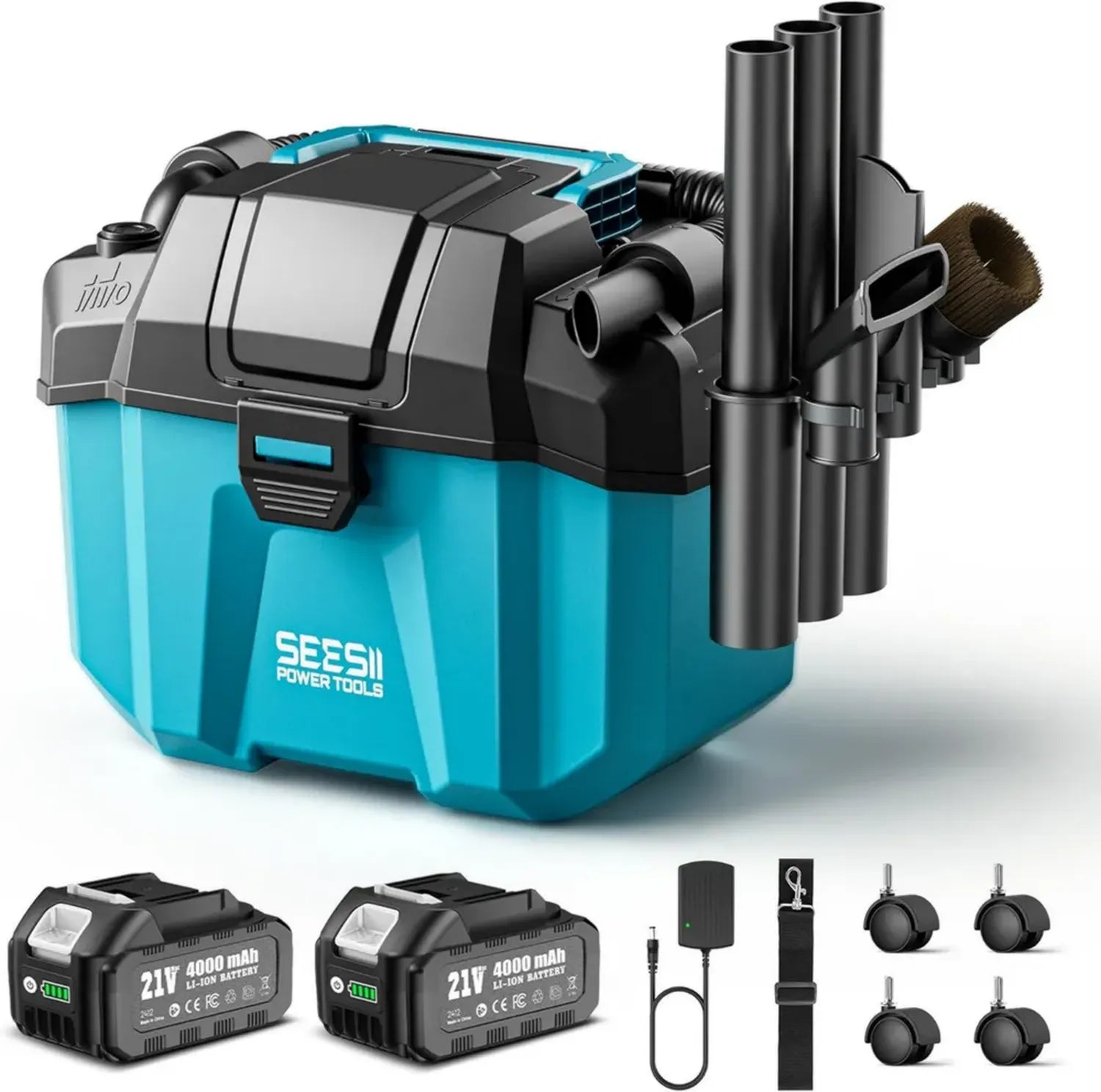 Seesii 3-in-1 Akku-Werkstattsauger, 10L Nass- & Trockensauger mit Gebläse und Schultergurt, Mobil durch 4 Rollen, Perfekt für Werkstatt, Auto und Baustelle, Blau