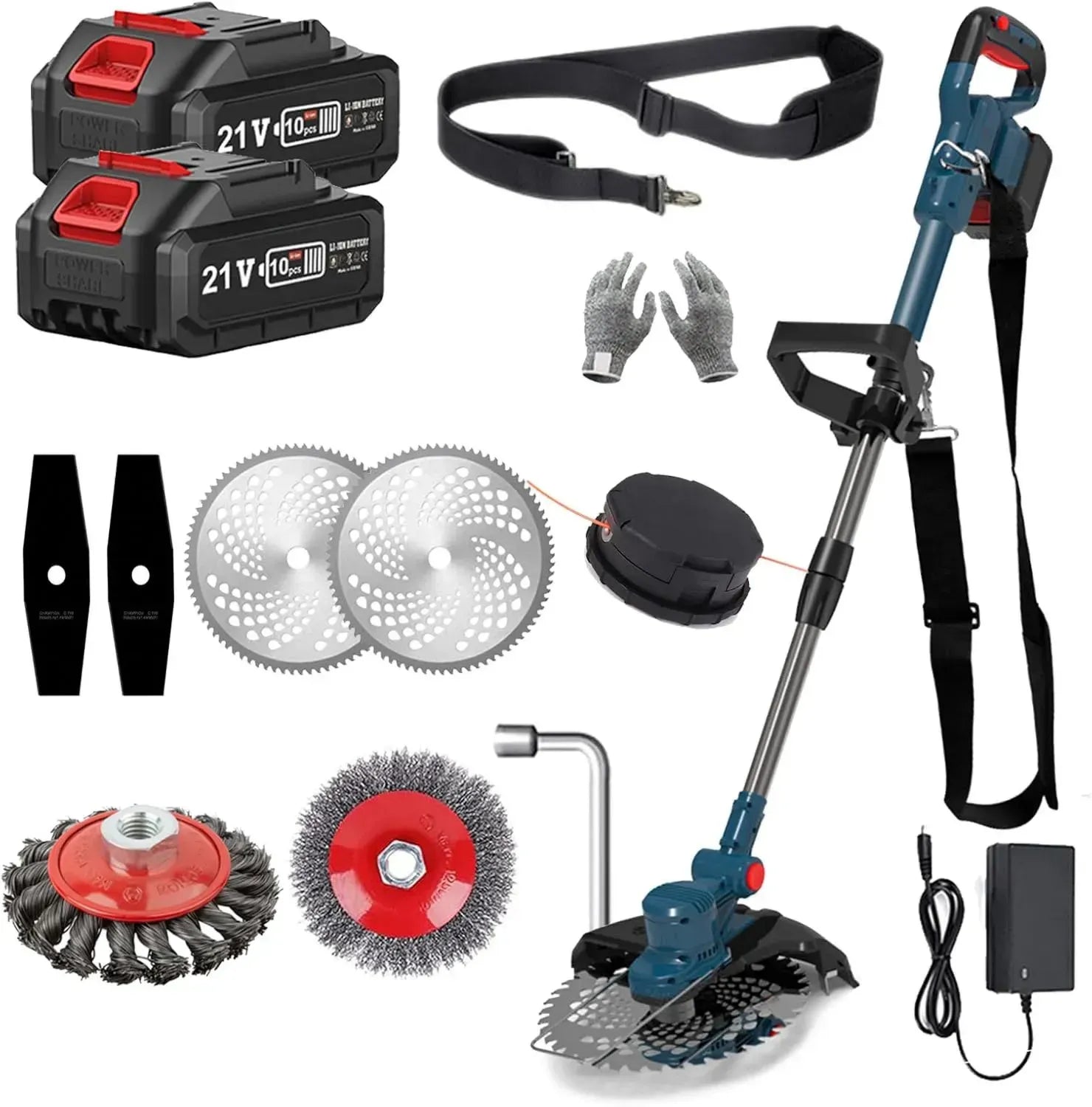Kabelloser Rasentrimmer 21V mit Unkrautbürste, 2 Akkus 4.0Ah, 24CM Schnittbreite, bürstenloser Motor für Garteneinsatz