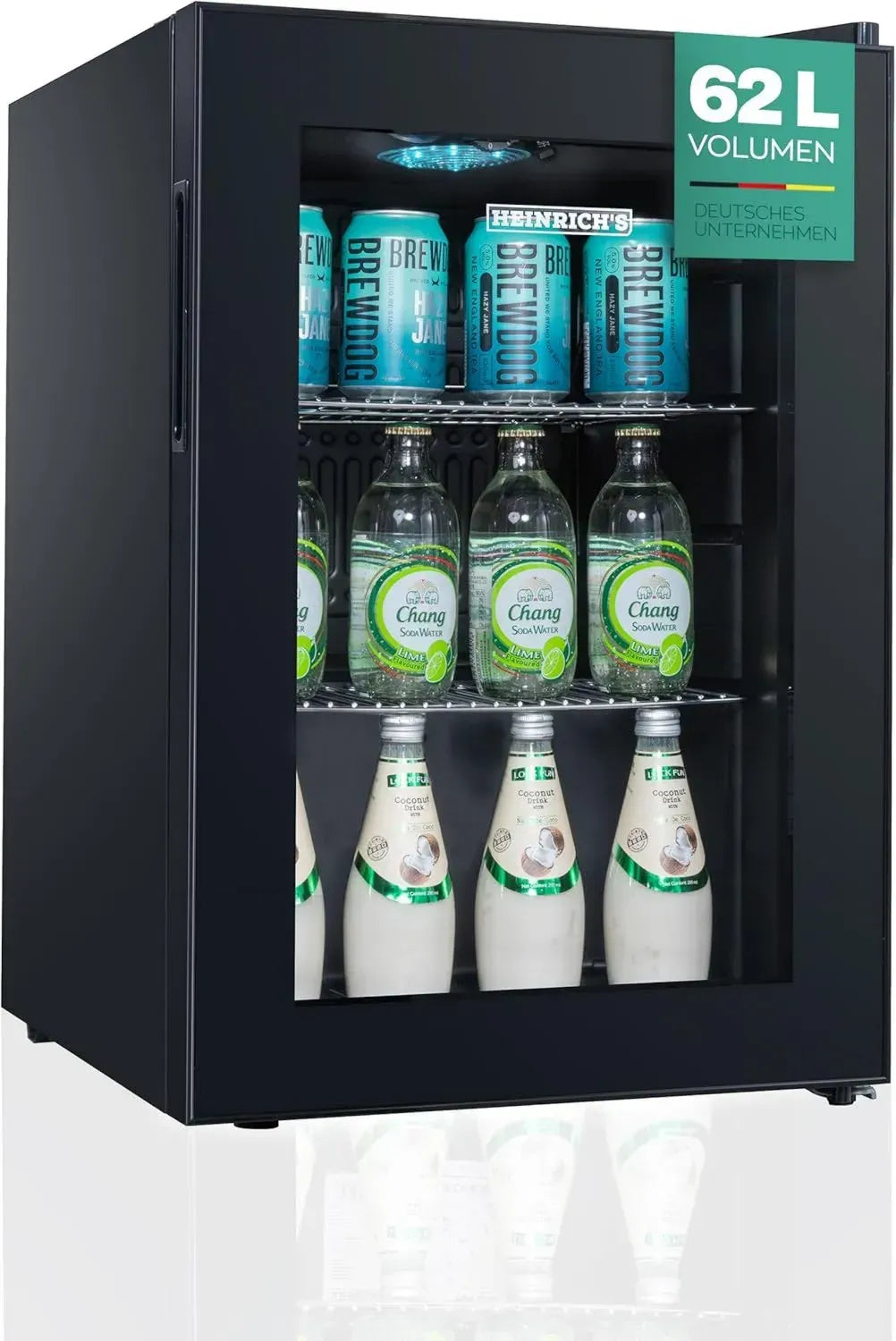 Heinrichs Kompakter Getränkekühlschrank mit Glastür, leise 40dB, LED-Beleuchtung, ideal für Büro, Camping und Garten, 4-18°C, 62L Kapazität