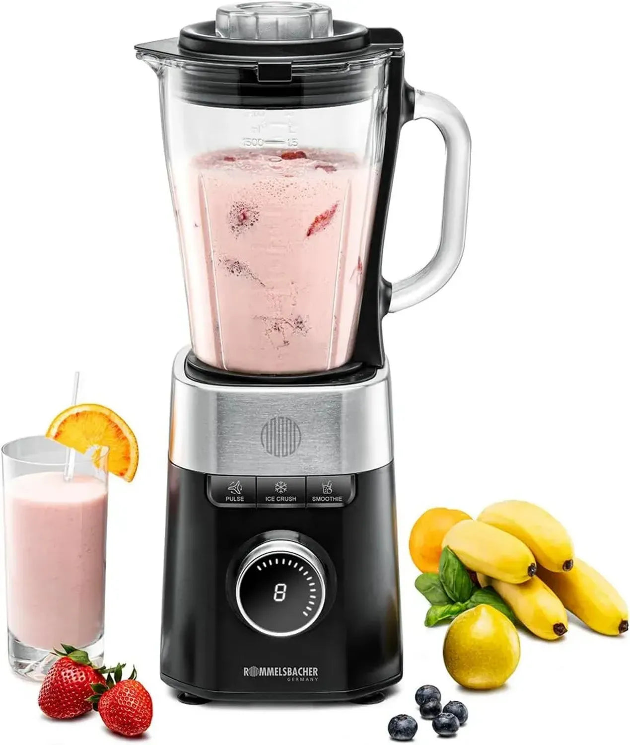 ROMMELSBACHER Hochleistungsmixer MX 1260 mit 8-stufiger Geschwindigkeitsregelung, 22.000 U/min, 1,5 l Glasbehälter, Edelstahlklingen, 1200 Watt, Smoothie- und Ice-Crush-Funktion