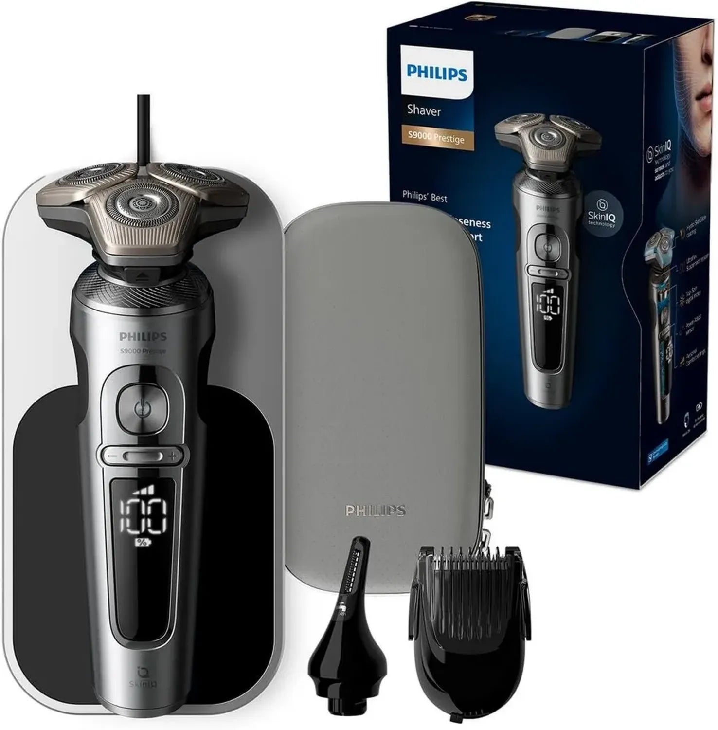 Philips S9000 Prestige Elektrorasierer - Nass- und Trockenrasur, SkinIQ, Qi-Ladestation, Bart- und Nasenstyler