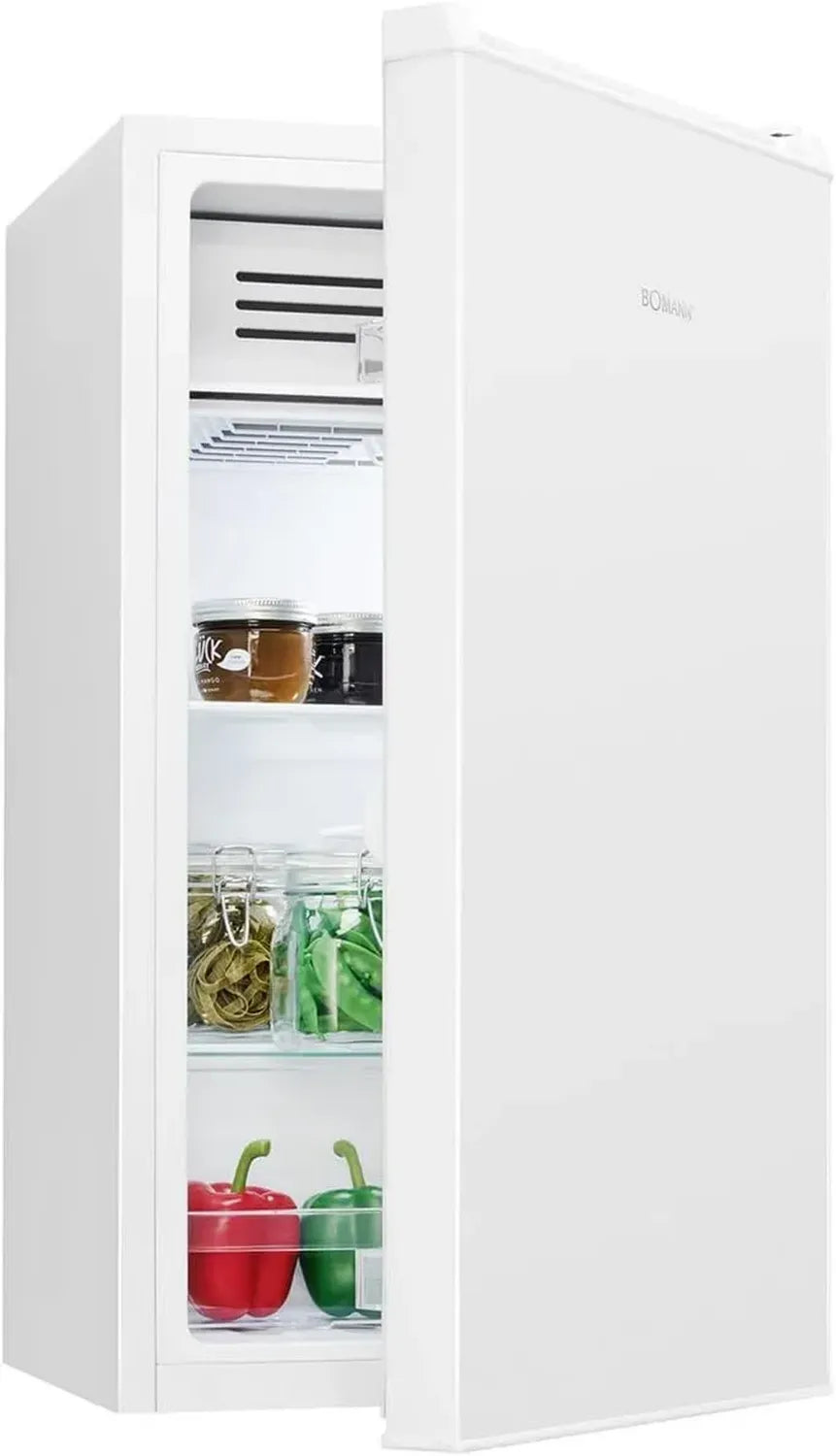 Bomann Kühlschrank mit Gefrierfach, 83L, energiesparend, leise & kompakt, 0-8°C regelbar, 2 Ablagen, Gemüsefach, LED-Licht, wechselbarer Türanschlag, Weiß