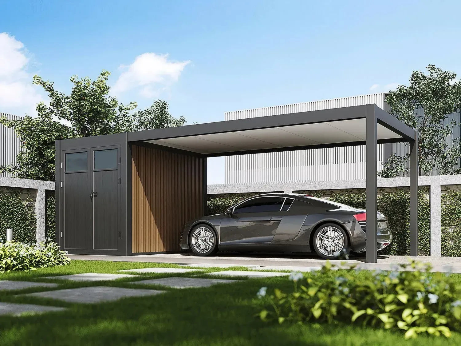 Robustes Aluminium Carport mit Stauraum, 3 x 7,2 m, anthrazit
