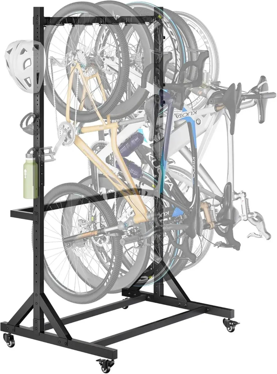 monTEK Robuster Fahrradhalter für 5 Fahrräder, Vertikal mit 5 Haken & 6 Helmhaken, Indoor & Outdoor mit Rollen