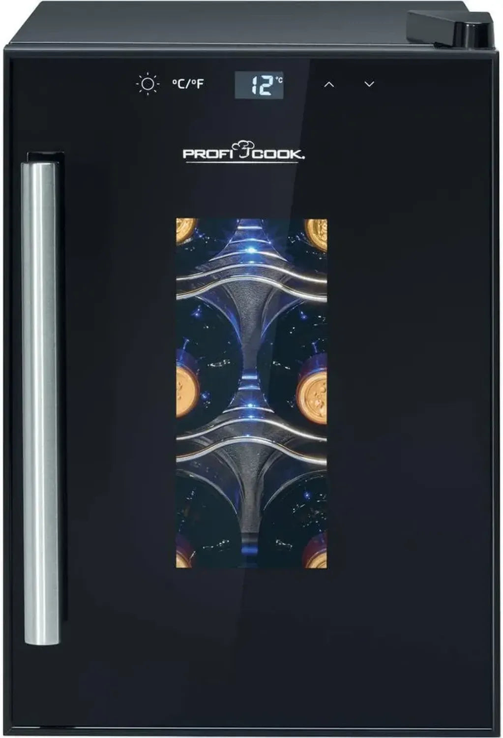 ProfiCook Weinkühler für 6 Flaschen, Getränkekühlschrank mit UV-Schutzglas, LED-Lichter, 3 Ablagen (2 entnehmbar), Temperaturbereich: 11-18°C, 17L Kapazität - Modell PC-WK 1230